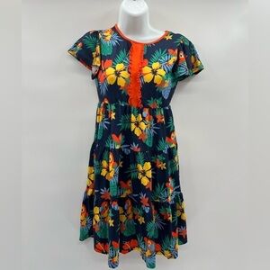 V & Grin Girls Print Ruffle Maxi Dress with Parrots & Colorful Flowers(Size 9-10